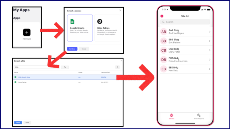 The first is New App icon. The next step is “Select a source”. The next step is “Select a file”. The next is the created app.